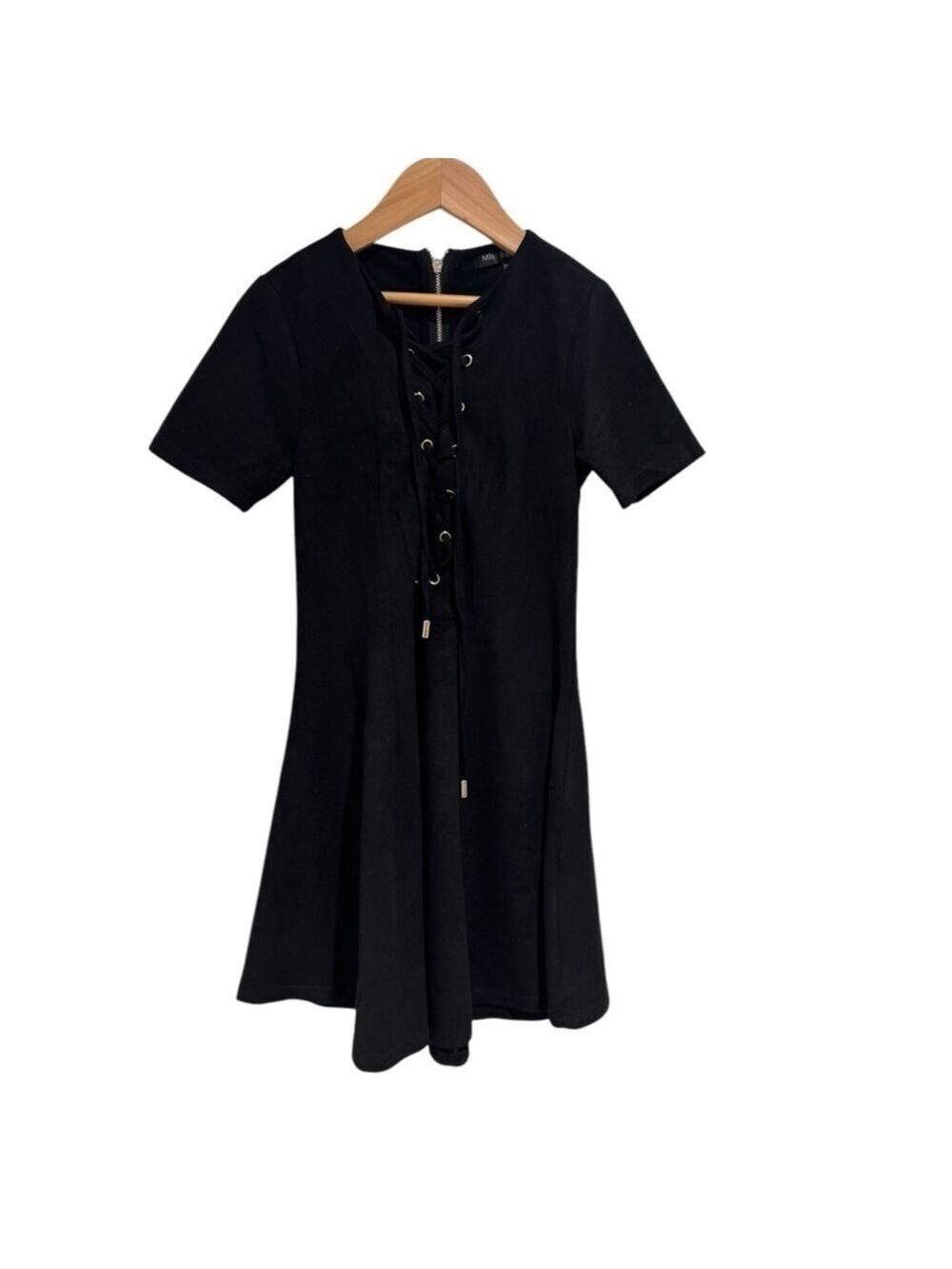 MISS BEHAVE black faux suede lace up detail short sleeve dress - size 8